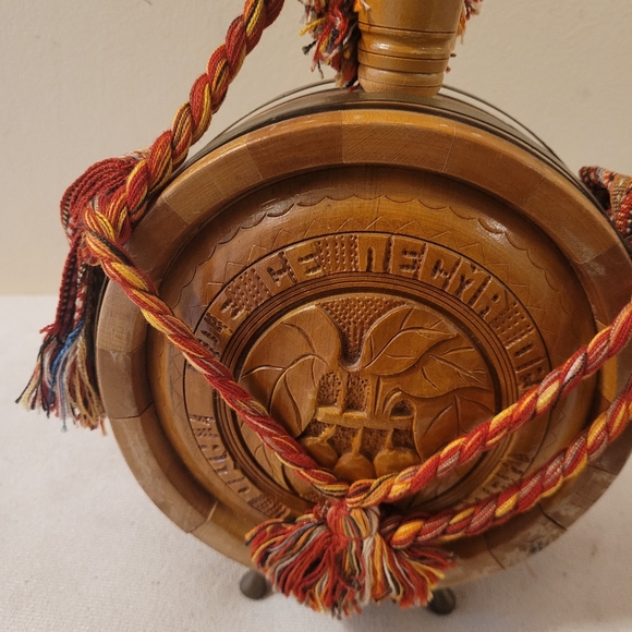 Vintage Wooden Flask Drinking Vessel Antique Hand Carved Wooden Flask w/Strap - Picture 4 of 16
